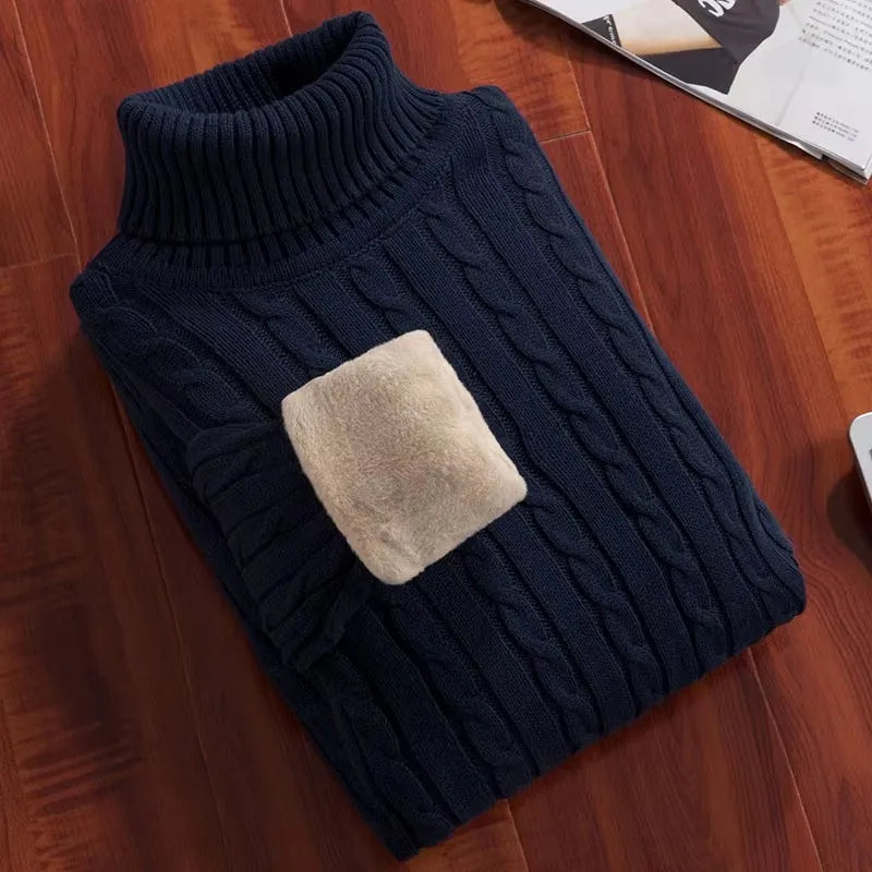 Men's Pullovers Velvet Thickened Sweater Men's Winter Turtleneck Base Shirt Thick Knitted Shirt Warm Men's Inner Clothes.