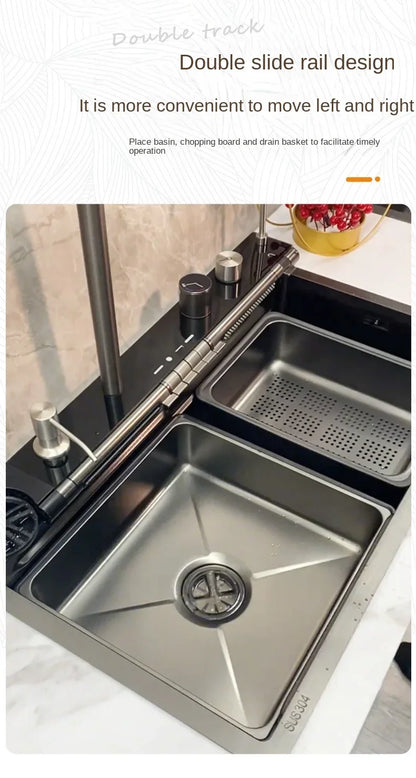 304 Edelstahl Wasserfall Küchen spüle große Einzels chlitz integrierte Digital anzeige Wasserhahn Set Seifensp ender Tasse Waschmaschine