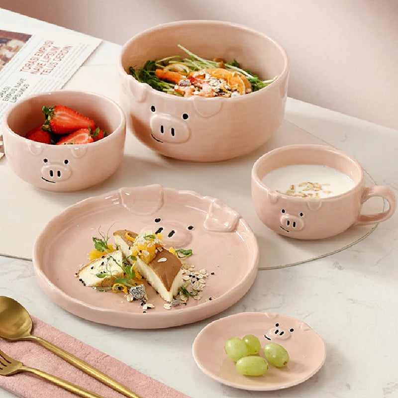 European Creative Cute Pink Pig Tableware Dishes Home Ceramic Plate Breakfast Nordic Wind Irregular Matte Plate Kitchen Utensils.