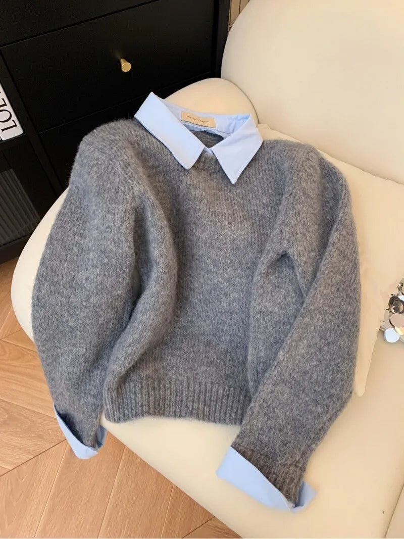 Gefälschte Zwei Shirts Kragen Pullover frauen Herbst Outfit Neue Lazy Linterior Kontrast Farbe Grau Stricken Pullover Top Mit Flip kragen