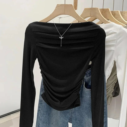 Spicy Girl Style One-Collar Ruffles Cropped Long Sleeve T-Shirt Women's Autumn/Winter New Arrival Base Layer Sweatshirt