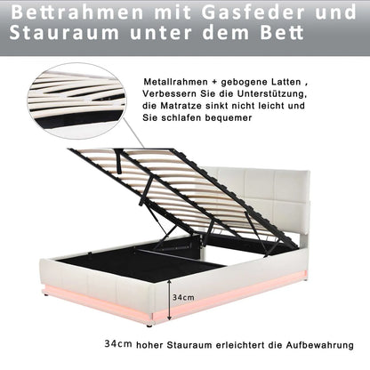 Weißes Polsterbett aus PU-Leder, 140 x 200 cm, Doppelbett mit LED-Beleuchtung, Stauraum unter dem Bett, Bettrahmen mit Lattenrost