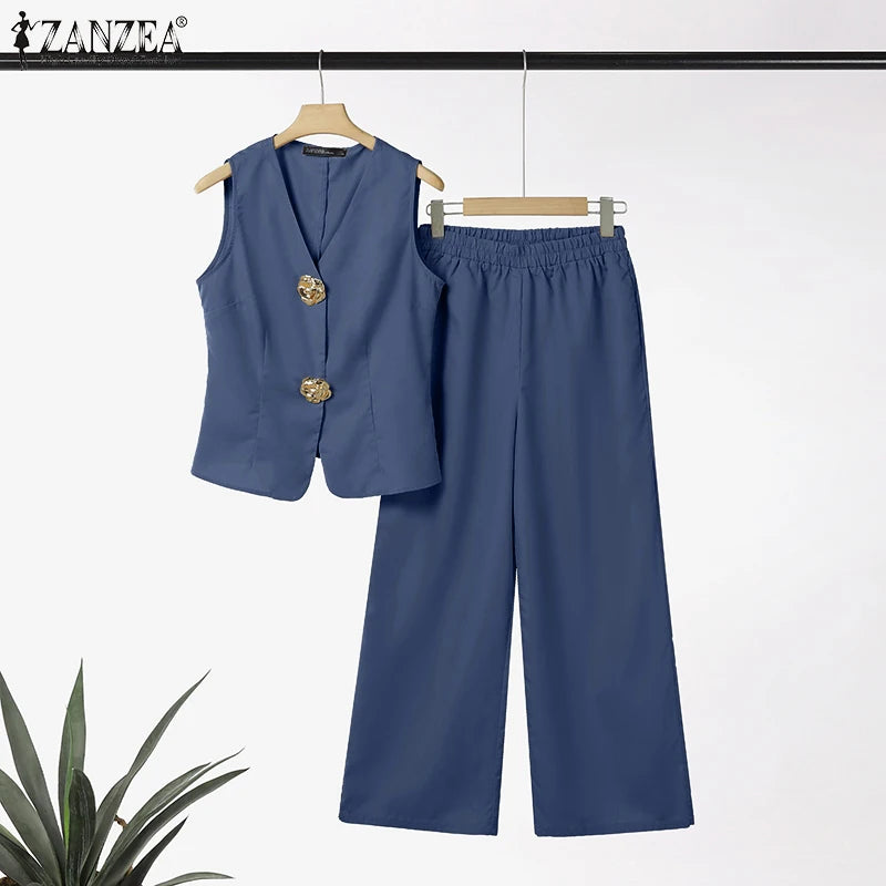 ZANZEA 2025 Summer Outfits Women Fashion Matching Sets V Neck Sleeveless Tanks Tops Trousers Suit 2PCS Solid Work OL Tracksuits.