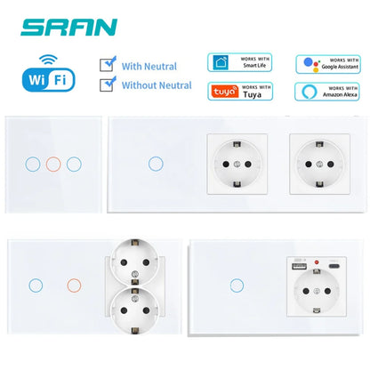 SRAN Smart Switch mit Wandsteckdose 16A EU, Tuya Smart Life Home Touch Sensor WiFi Lichtschalter Weiß.