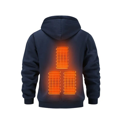 Mens USB Heated Jacket Winter Electric Heating Sweatshirt with Hood Warm Rechargeable Thermal Clothing for Outdoor Sports Skiing.