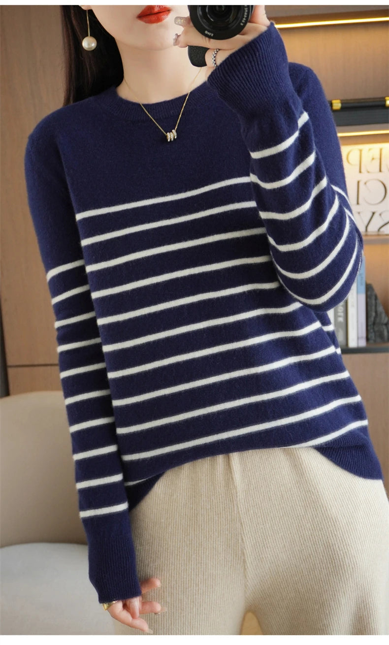 Herbst Winter neue Frauen O-Ausschnitt Farbe Streifen Pullover Wolle Mischung Mode weichen warmen Pullover Kaschmir lose lässig Strick Base Top