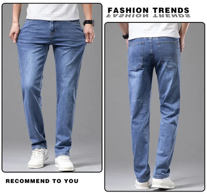 Summer Thin Men's Elastic Cotton Jeans Fashion Gray Comfortable Business Straight Casual Pants Brand Male Clothes Trousers.