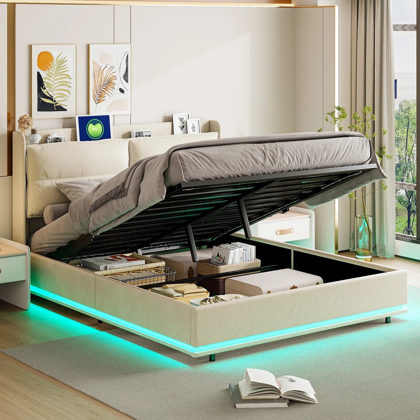 Lazyspace gepolstertes Doppelbett mit LED-Licht, Bettgestell 160 x 200 cm, Druckbett mit Lattenrost aus Holz, ohne Matratze