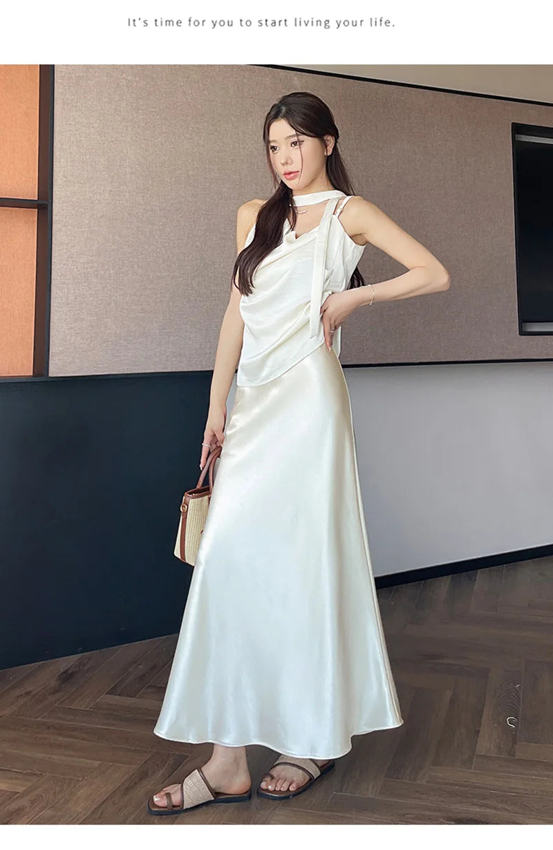 Zoki Chic Satin Elegant Long Skirt Women Casual Fashion High Waist Sweet Trumpet Skirts Slim Summer Female Korean Long Skirts.