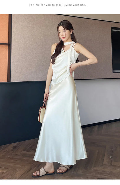 Zoki Chic Satin Elegant Long Skirt Women Casual Fashion High Waist Sweet Trumpet Skirts Slim Summer Female Korean Long Skirts.