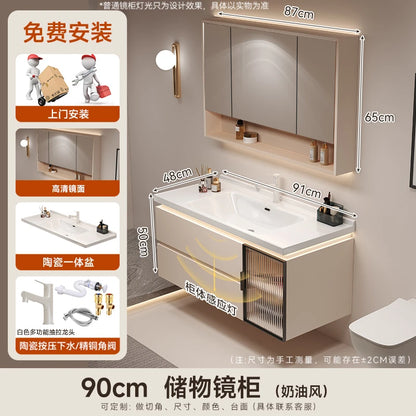 Cremefarbener Wind-Badezimmerschrank, integriertes Waschbecken aus Keramik, WC-Waschbecken-Kombination