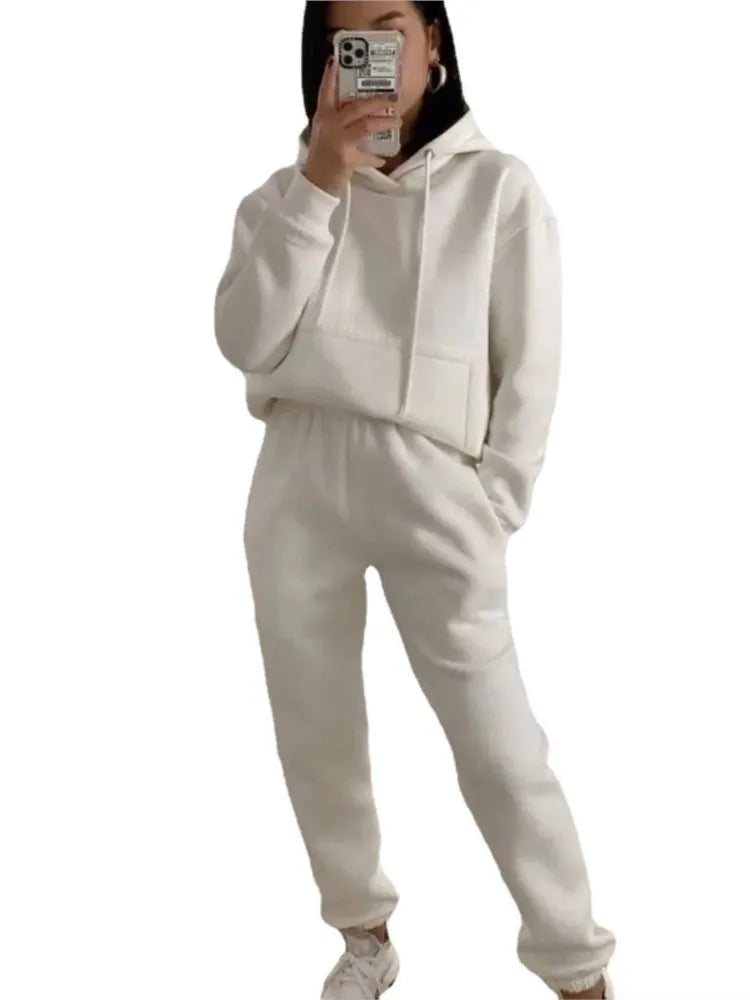 Women's Pocket Long-sleeved Hooded Sweatshirt Casual Set Autumn Winter New Solid Color Loose Sport Long Pants 2 Piece Set Female