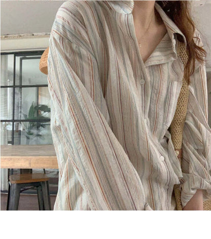 Vintage Office Lady Striped Shirt Spring Pocket Turn Down Collar Tops Korean Style Loose Long Sleeve Blouse Casual Women Clothes.