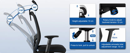 AUTHMIC Ergonomischer Bürostuhl, Netzrückenlehne, verstellbare Armlehnen, Lordosenstütze, drehbarer Schreibtischstuhl für das Heimbüro