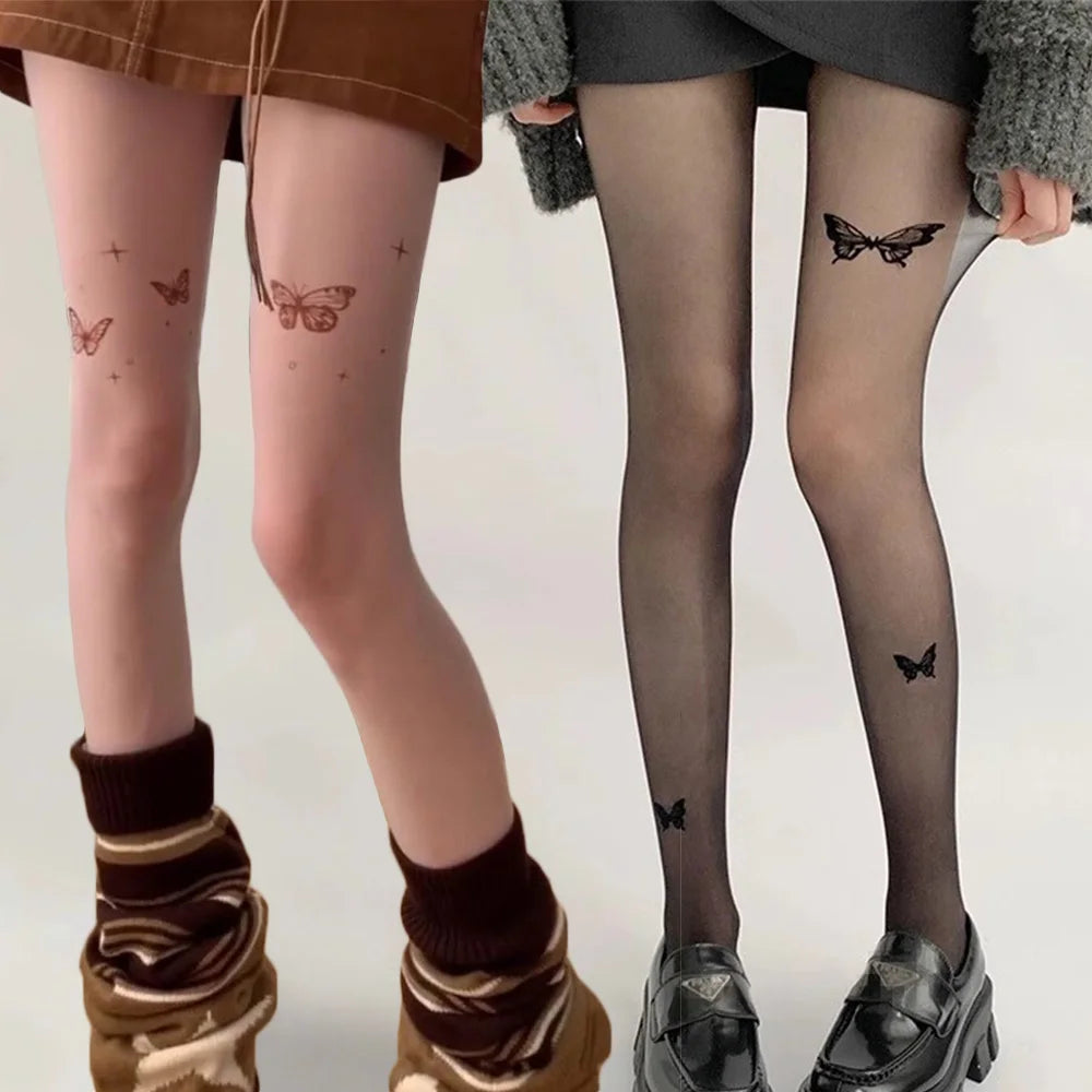 Sexy Butterfly Tights Vintage Y2K Fake Tattoo Butterfly Black Transparent Silk Pantyhose Women Lolita Summer Ultra-thin Stocking.