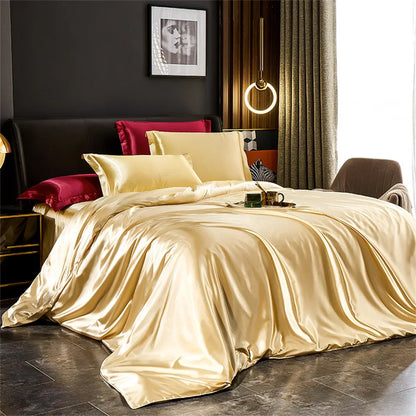 Solid Silk Bedding Set with Duvet Cover Bed Sheet Pillowcases Luxury Satin Single Double Bedsheet King Queen Twin Size.