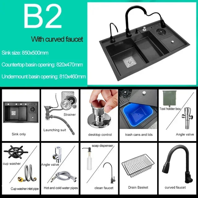 Nano Kitchen Sink Multi-Function Stepped Kitchen Sink 304 Stainless Steel Vegetable Washing Basin With High Pressure Cup Washer