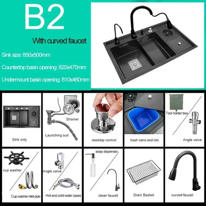 Nano Kitchen Sink Multi-Function Stepped Kitchen Sink 304 Stainless Steel Vegetable Washing Basin With High Pressure Cup Washer