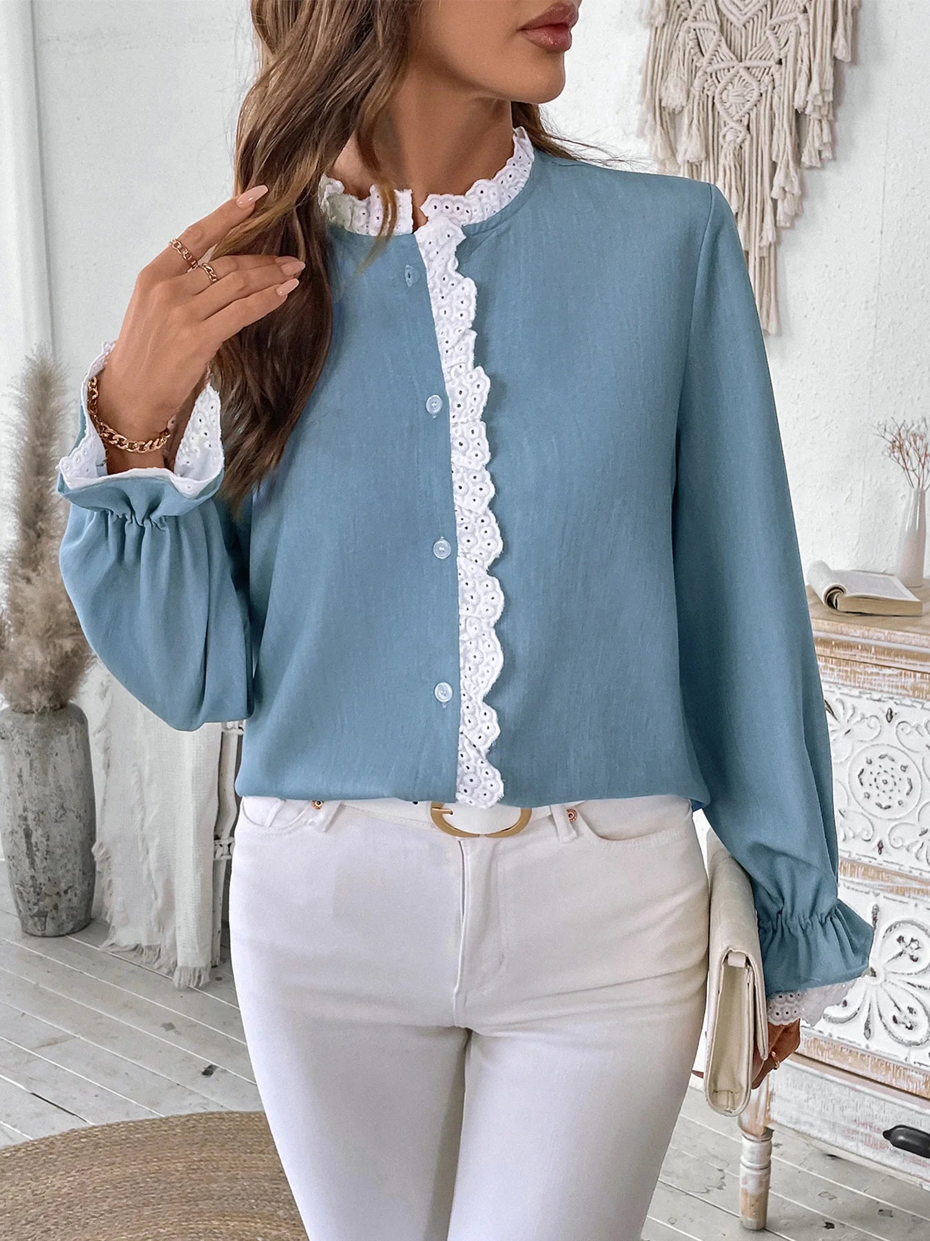 2025 Autumn Female Solid Ruffle Shirt Women Casual Lantern Long Sleeve Top Spring Office Lady Single Breasted Tops Clothes.