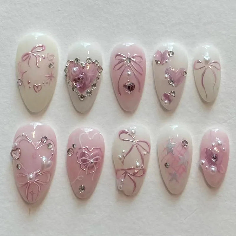 24pcs Sweet False Nail Patches Detachable Fake Nail Tips With Bowknots Love Heart Pearl Design Pink Almond Korean Press On Nail.