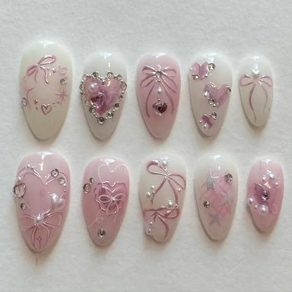 24pcs Sweet False Nail Patches Detachable Fake Nail Tips With Bowknots Love Heart Pearl Design Pink Almond Korean Press On Nail.