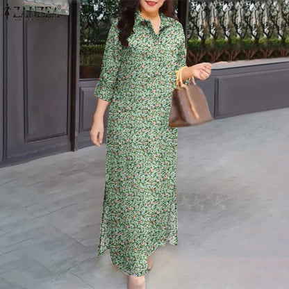 ZANZEA Herbst Sommer Floral Bedruckte Kleider Frauen Maxi Sommerkleid Bohemian Casual 3/4 Hülse Urlaub Vestidos Kaftan Robe Femme