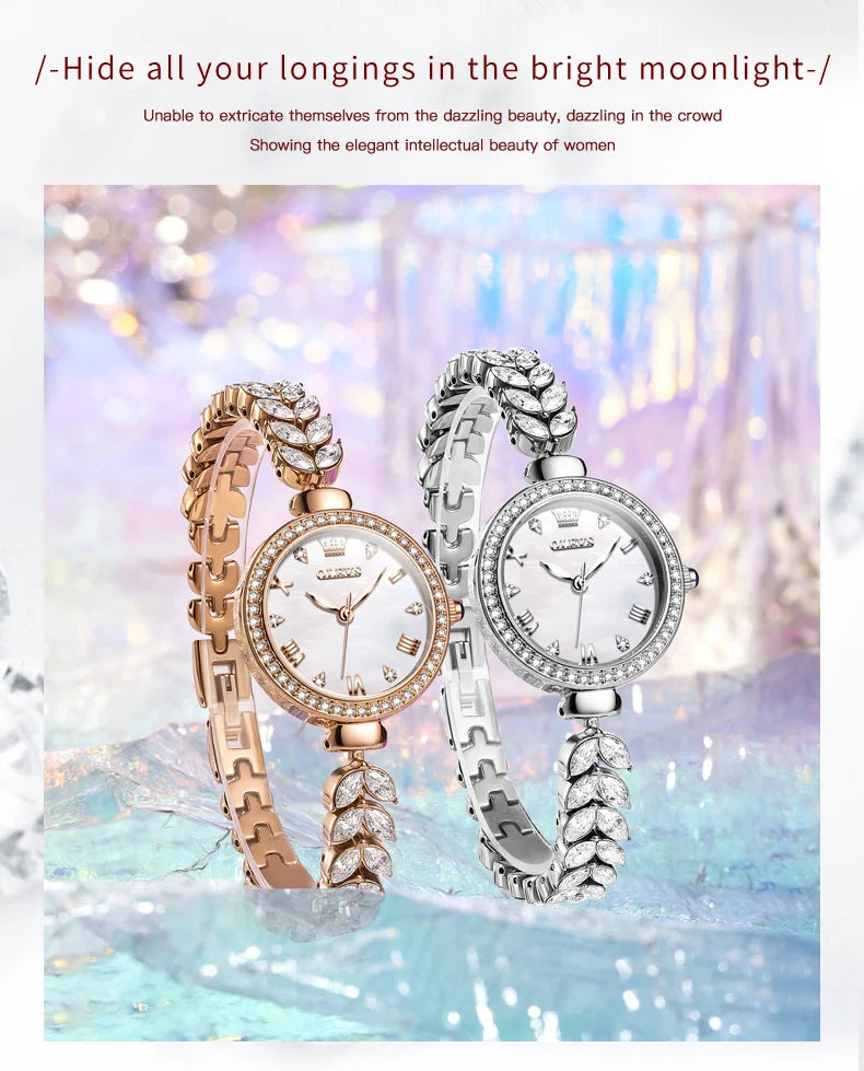 OLEVS 9971 Women's Watches Elegant Fashion Original Wristwatch Waterproof  Fish Bone Strap Luminous Hand Diamond Bezel Reloj.