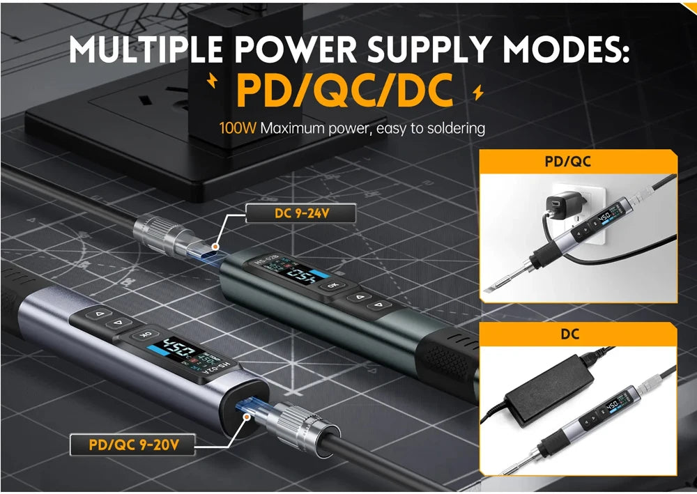 FNIRSI HS 02 Smart Soldering Iron Automatic Sleep 100-450℃ Temperature Rapid Heating PCB Soldering Station Portable Toolbox Kit.