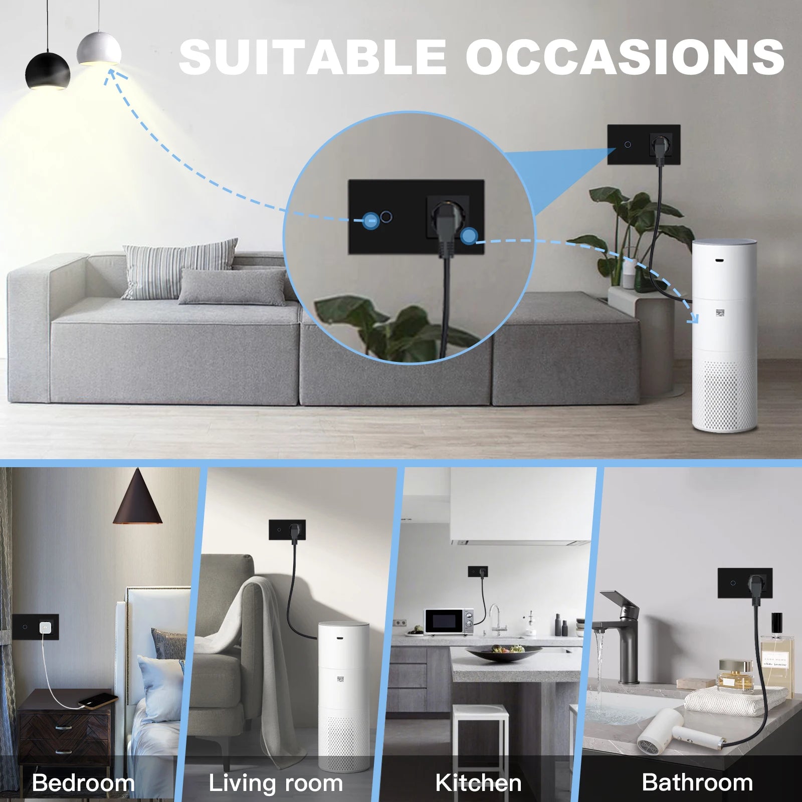 BSEED Touch-Lichtschalter mit EU-USB-Steckdosen, schwarze Wand-LED-Schalter, 1/2/3 Gang, 1-Wege-Kristall, dunkelblaue Hintergrundbeleuchtung, Wandschalter.