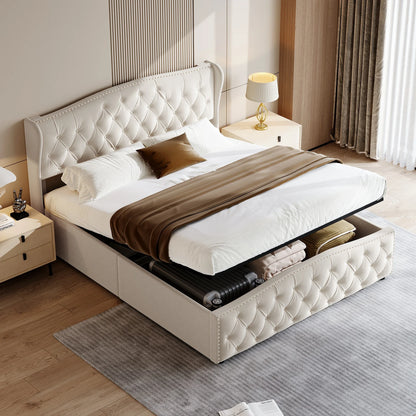 Lazyspace Samt gepolsterter Bettrahmen mit Lattenrost, hydraulisches Bett mit Stauraum, modernes Doppelbett mit Nietenverzierung