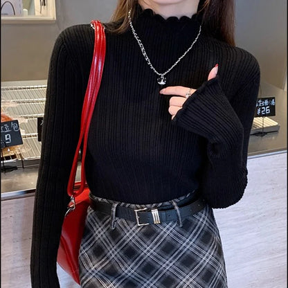 2025 Autumn Winter Women Half Turtleneck Fashion Wooden Ear Pullover Knitted Tops Long Sleeve O Neck Slim Warm Sweater Female.