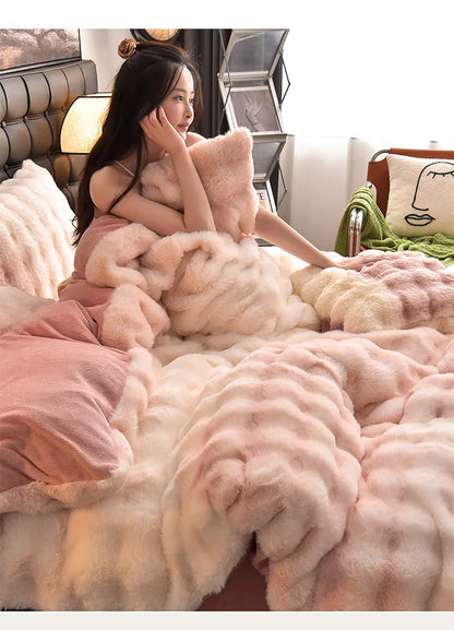 2024 new light luxury rabbit velvet four-piece set thickened warm milk velvet rabbit hair tie-dye bed sheet quilt cover.