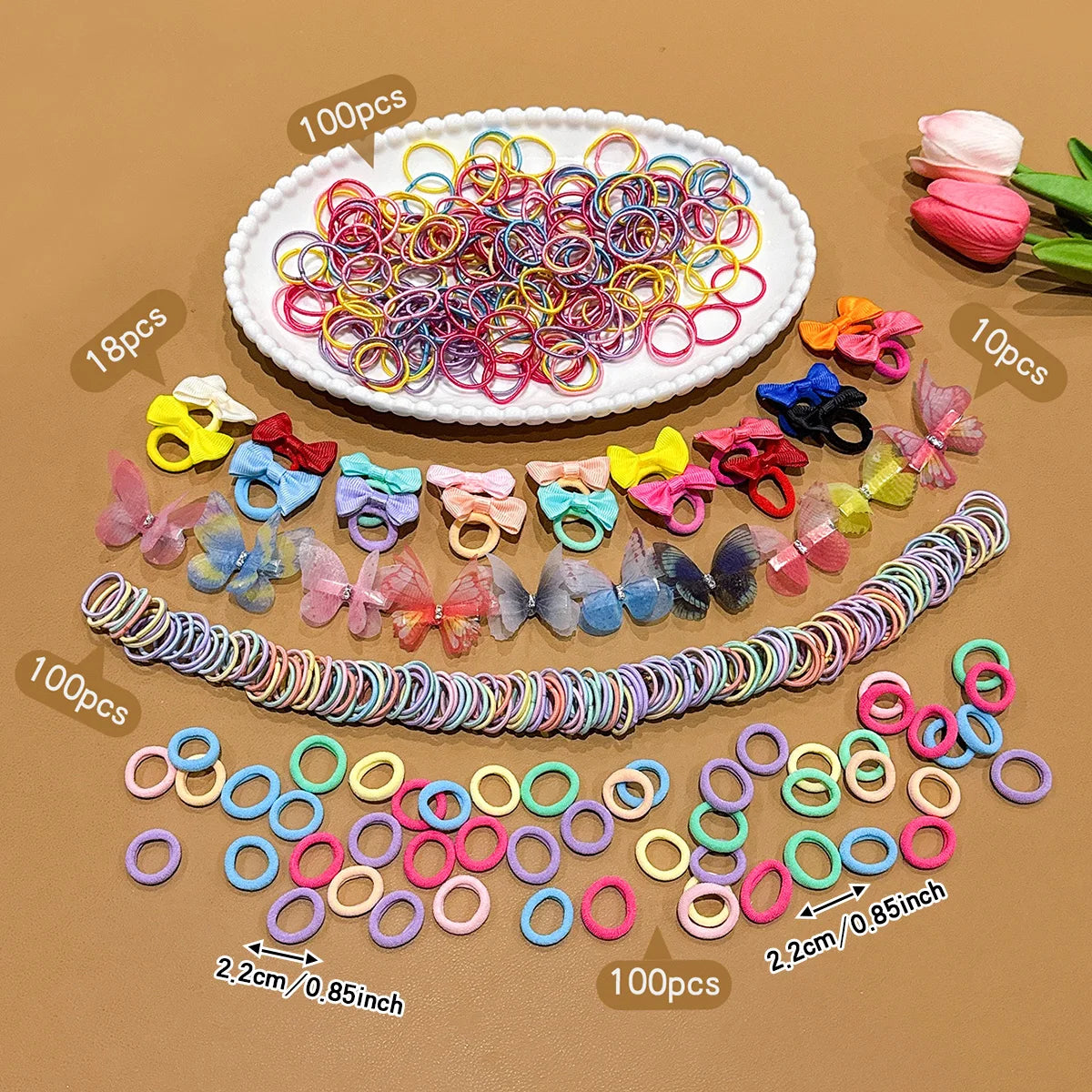 328 colorful random sweet and fashionable rubber band hair clip combinations.