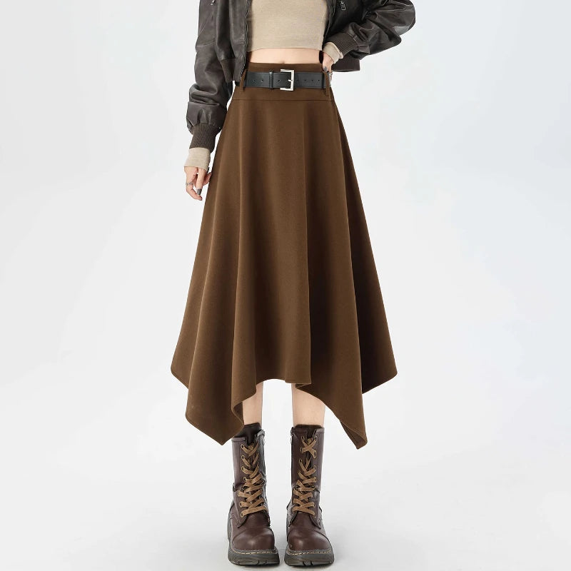High Quality Irregular Woolen Skirt Women 2025 Autumn Winter New High Waist Slimming Midi Skirt Elegant A-line Faldas with Belt.