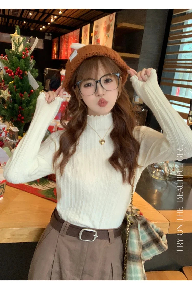 2025 Korea Geraffte Rollkragen Frauen Pullover Herbst Winter Warme Pullover Schlank Tops Gestrickte Pullover Jumper Weiche Pull Weibliche.