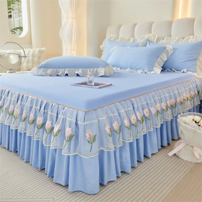 Floral Style Bed Skirt Embroidered Bed Cover Single/Queen/King Size Bed Linen Home Sheet with Skirt 침대스커트(Pillowcase Need Order)