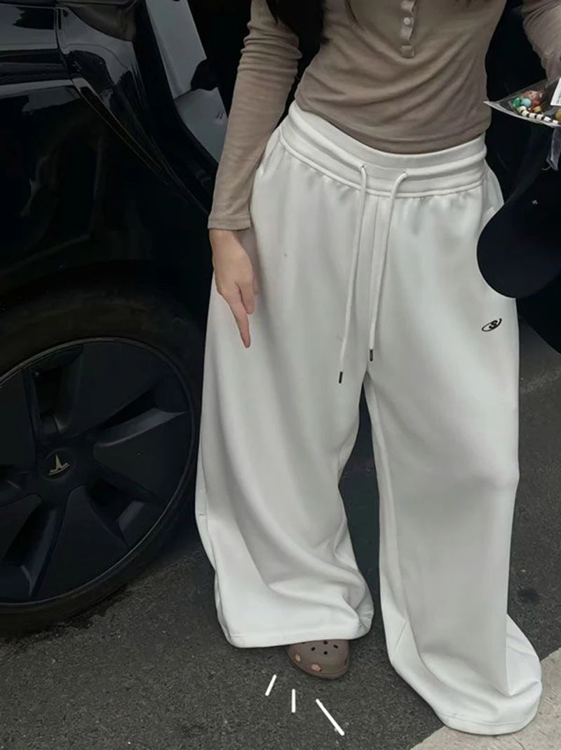 Oversize Cotton Pants Woman Y2K Casual Drawstring Trousers Korean Streetwear High Waist All Match Jogger Pants Grey Sweatpants.