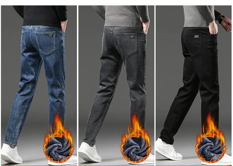 Winter Fleece Thick Warm Jeans Men's Slim Straight Elastic Denim Pants Casual Male Clothing Fashion Plush Trousers.
