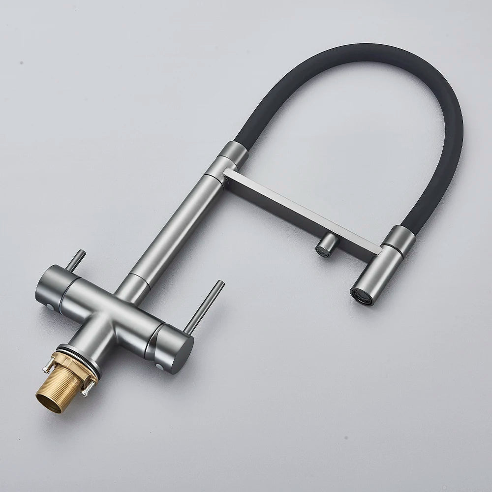 Gray Filtered Kitchen Faucet Dual Spout Hot Cold Mixer Purification Water Crane Filter Water Faucet Deck Mount