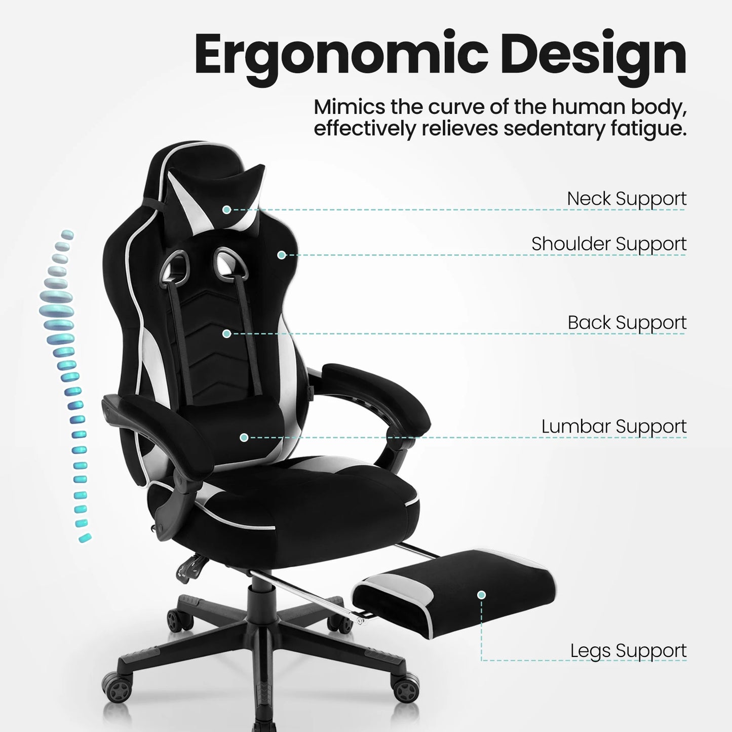 WOLTU Drehbarer Gaming-Rennstuhl, Schreibtisch, Büro, Computerstuhl, Sportsitz mit Kopfstütze, Lendenkissen, Fußstütze, Gamer-Stuhl
