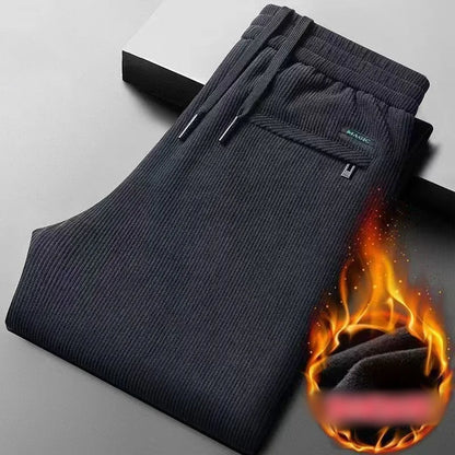 Black gray men's corduroy casual pants with drawstring, thick elastic business pants, mid waist brand winter warm pants.