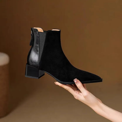 Autumn Winter Women Thick Heel Ankle Boots Elegant Back Zippers Shoes Modern Leather Suede Splicing Short Botas Para Mujer.