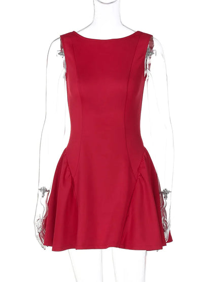 DGLUKE Elegantes rotes Minikleid für Damen, U-Boot-Ausschnitt, ärmellos, hohe Taille, A-Linien-Kleid, rückenfrei, plissiert, kurze Abschlussball-Party-Kleider