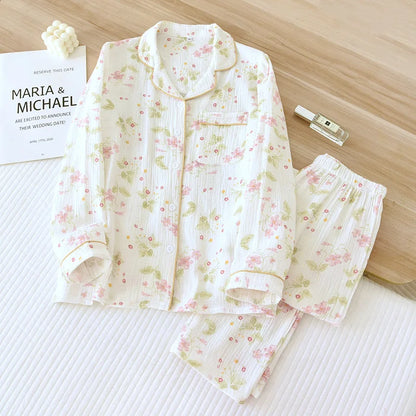 2025 neue Frühjahr/Sommer frauen Pyjama Set 100% Baumwolle Crepe Nette Liebe Langarm Lange Hosen Zwei Stück set Strickjacke Hause Kleidung