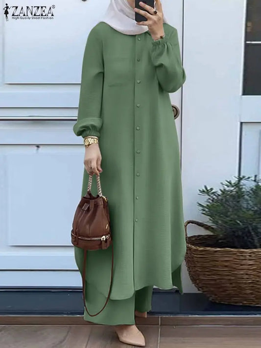 ZANZEA Herbst Muslimischen Sets Türkei Dubai Abaya Frauen Langarm-shirt Set Kausalen Hosen Anzüge Abayas Für Frauen IsIamic Outfits
