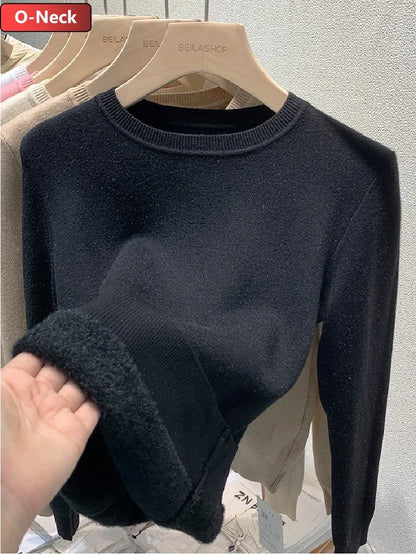 Pullover Für Frauen Winter Verdicken Rollkragen Schlank Stricken Pullover Neue Warme Plüsch Samt Gefüttert Strickwaren Jumper Tops Casual Poleras