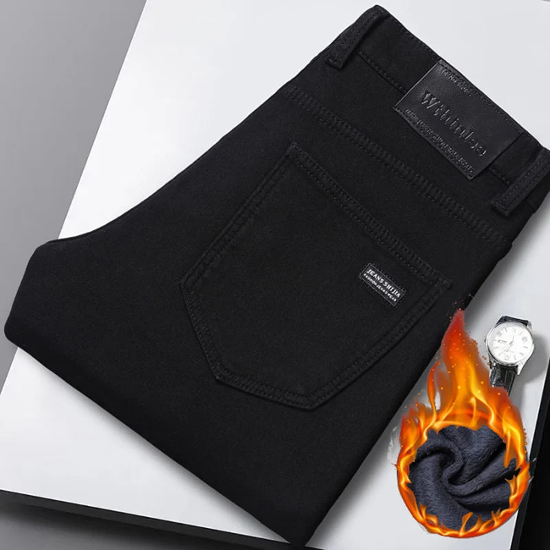 2024 Winter Brand Men Warm Fleece Jeans Fashion Thermal Business Pants Retro Classic Denim Trousers Casual Stretch Slim Jeans.
