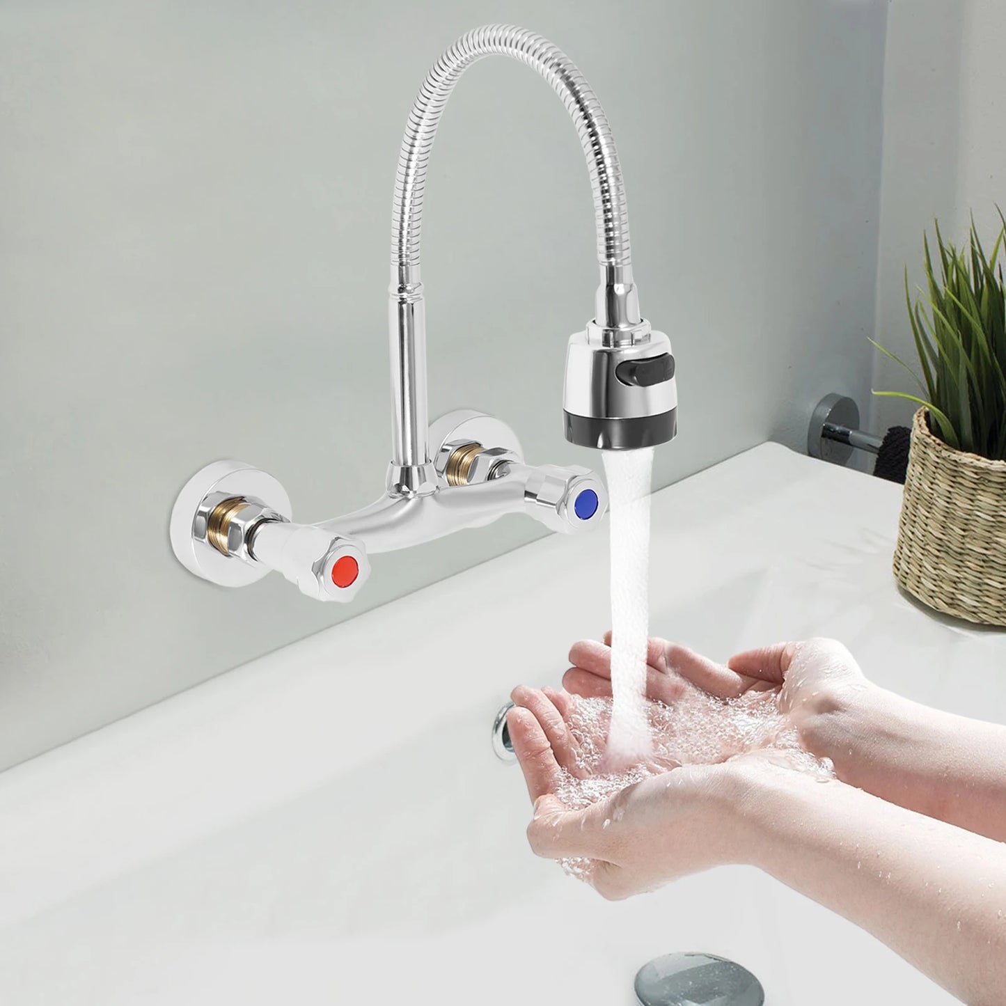 Wall-Mounted Brass Faucet, Hot&Cold Water with 360° Rotating Hose Flexible Cleaning Made to Last for Bathroom Kitchen