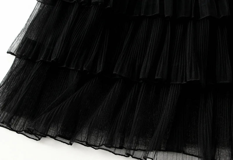 Beiyingni Woman Mesh Long Midi Cake Skirt Solid Color Elegant French Tiered Fairy Tulle Skirts Khaki Casual High Waist Faldas.