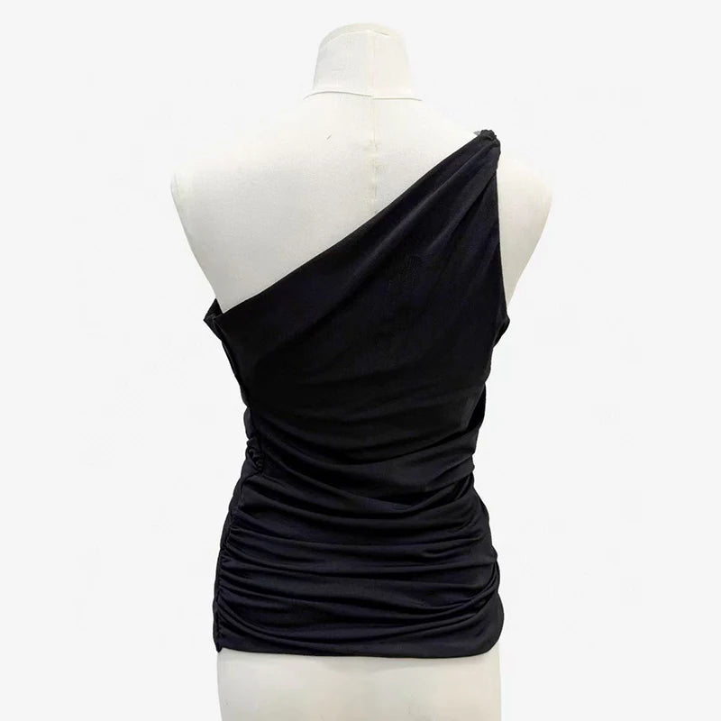 Women's One-Shoulder Metal Button Lace-Up Tank Top,Fashion Sexy Backless Ruched Top,High Quality Cotton Tops,Spring,New,2025.